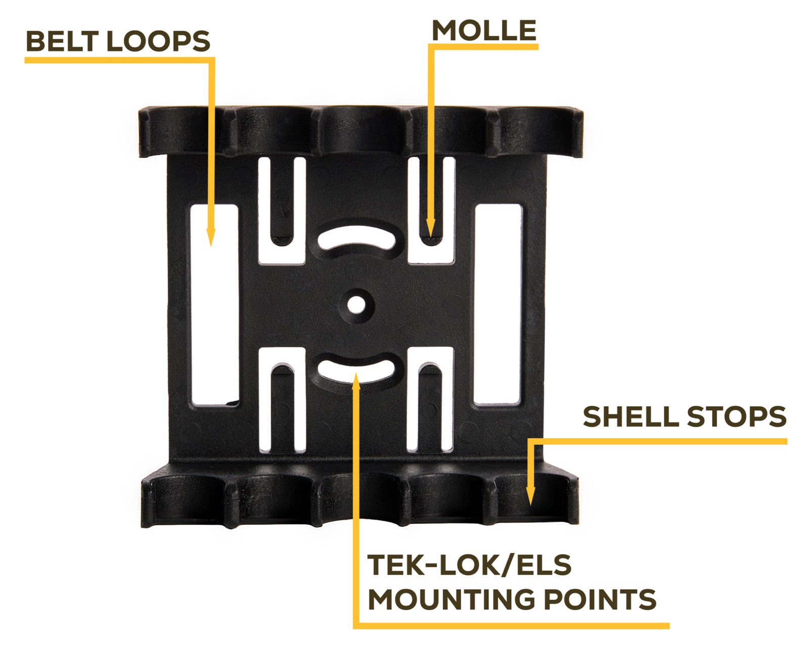 Johnny Clip 2x4 mounting points: belt loops, MOLLE, Tek-Lok and ELS, with integrated shell stops