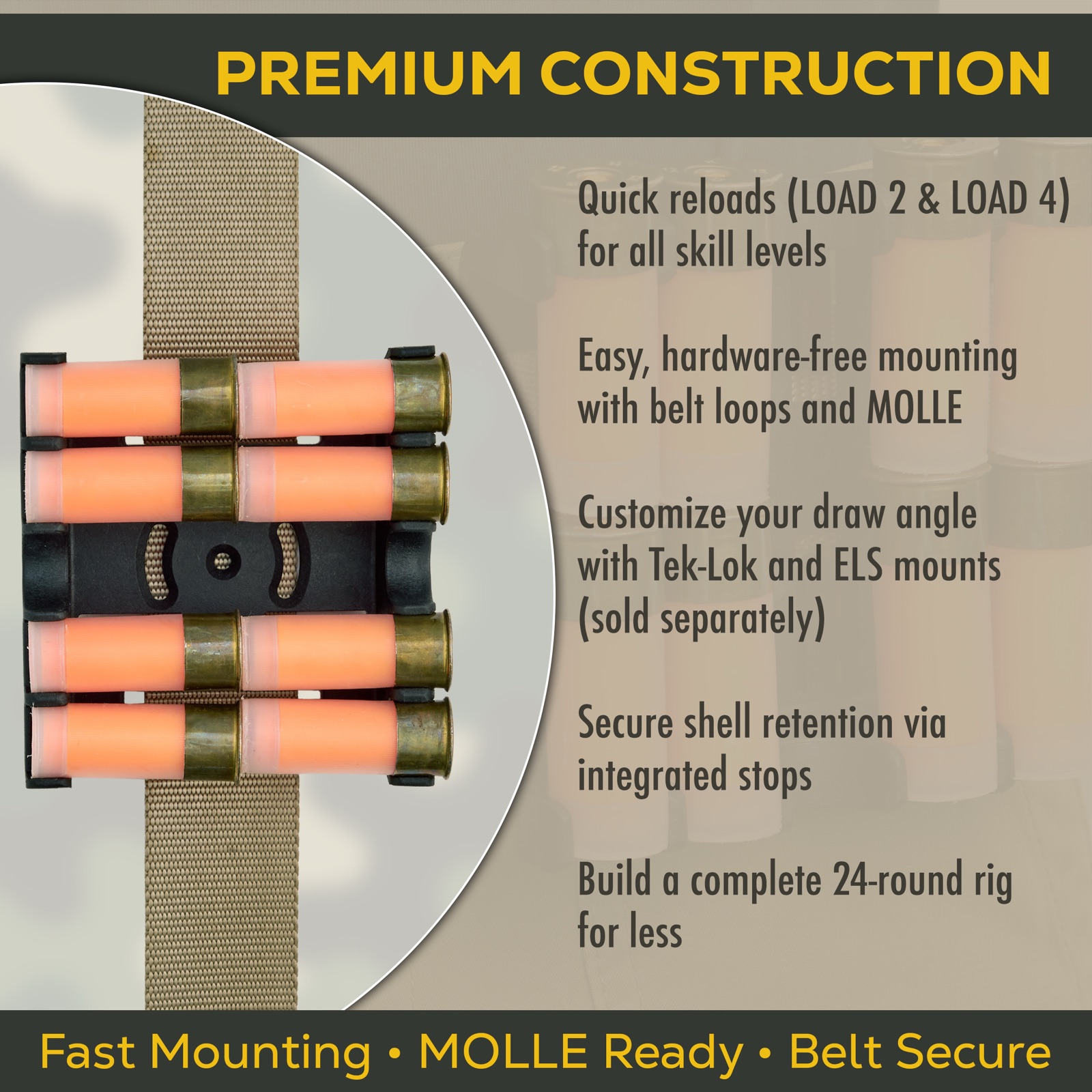 Johnny Clip 2x4 features: quick reloads, hardware-free belt and MOLLE mounting, Tek-Lok and ELS compatibility, and secure shell retention